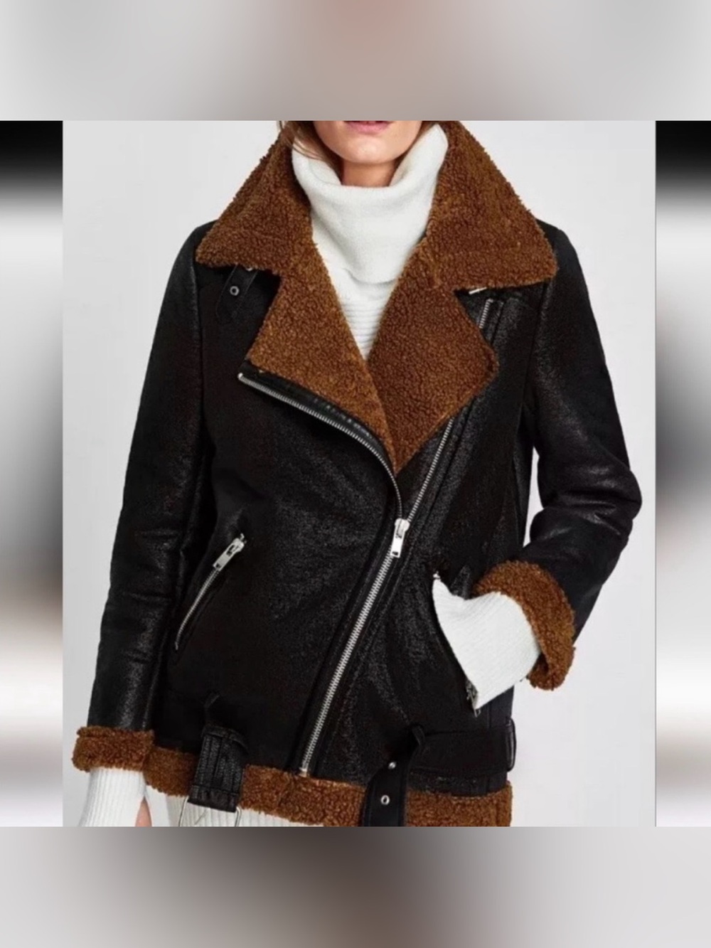 Zara Black Faux Leather Moto Jacket with Brown Shearling Trim